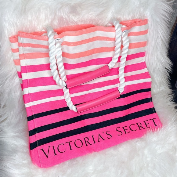Brand New Victoria's Secret neon pink stripes white beach big canvas tote bag ha - Picture 1 of 7